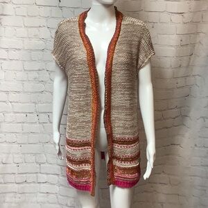 Chicos Tan Pink Bronze Chunky Knit Open Front Crochet Tunic Sweater Cardigan 2/L
